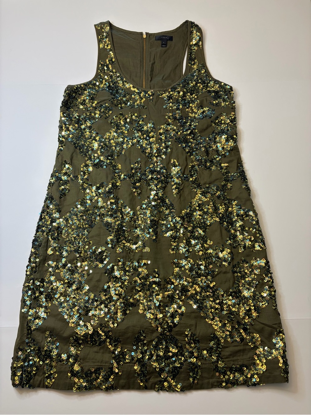 J. Crew Holiday Party Dress Olive Green Sequin-Embellished Sleeveless Mini Dress